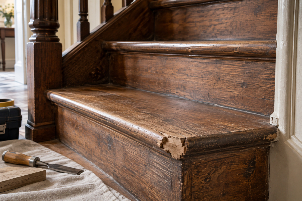 Réparer un angle cassé sur une marche d’escalier en bois avec le Mastic 0601R