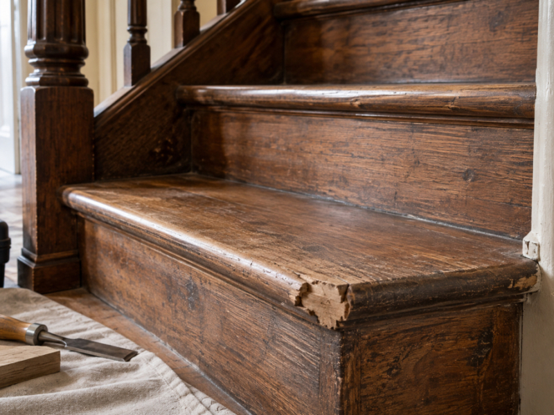 Réparer un angle cassé sur une marche d’escalier en bois avec le Mastic 0601R